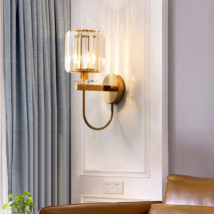 Postmodern Cylindrical Crystal Wall Light, 1-Head Gold Finish with Curved Arm