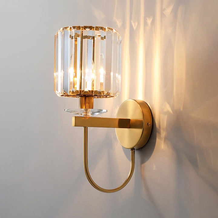 Postmodern Cylindrical Crystal Wall Light, 1-Head Gold Finish with Curved Arm