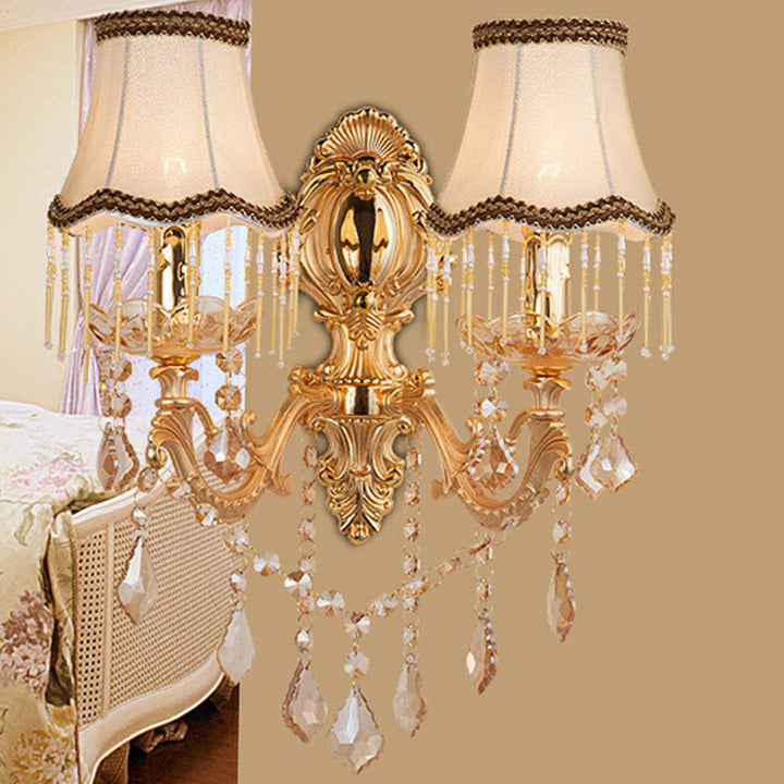 Victorian Metal Wall Lamp with Shade and Crystal Decorations