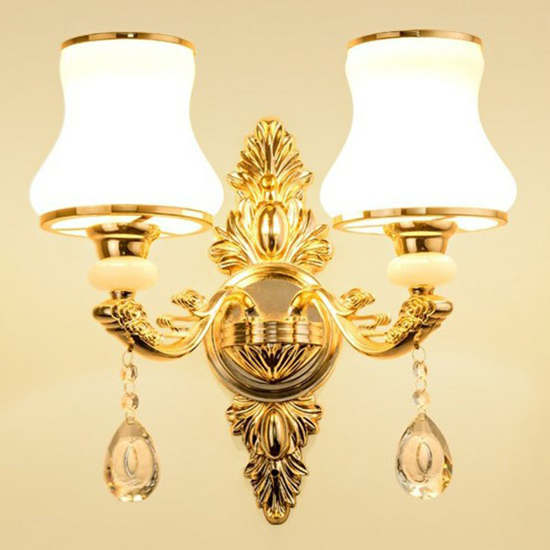 Victorian Metal Wall Lamp with Shade and Crystal Decorations