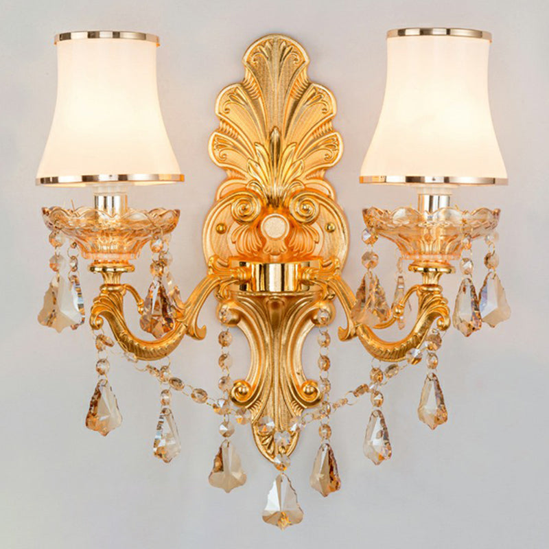 Victorian Metal Wall Lamp with Shade and Crystal Decorations