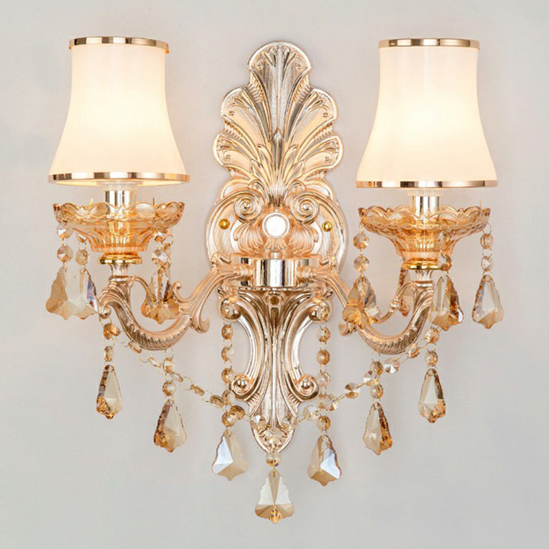 Victorian Metal Wall Lamp with Shade and Crystal Decorations