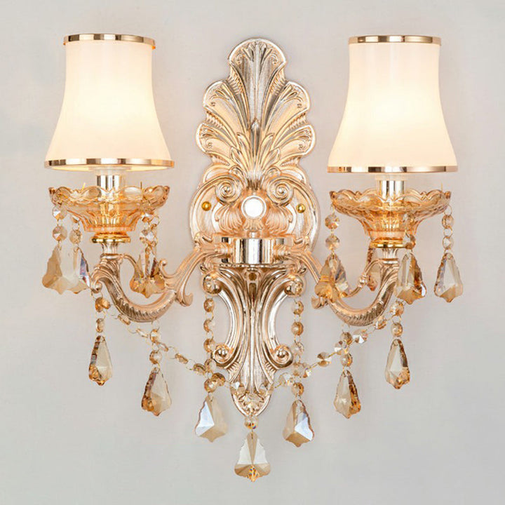 Victorian Metal Wall Lamp with Shade and Crystal Decorations
