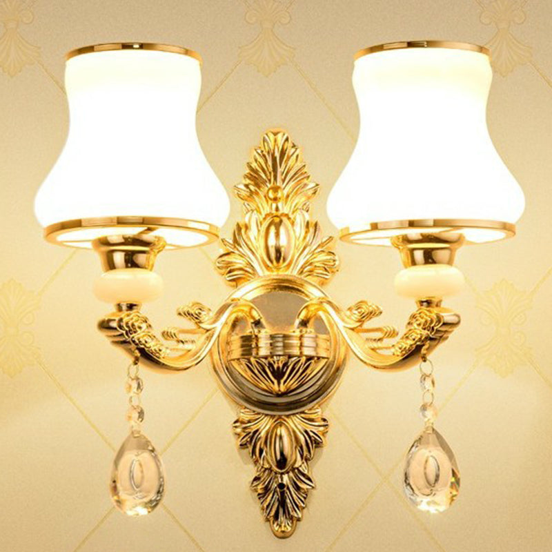Victorian Metal Wall Lamp with Shade and Crystal Decorations