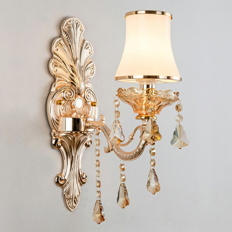 Victorian Metal Wall Lamp with Shade and Crystal Decorations