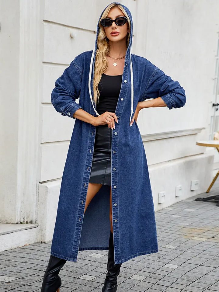 Women Long Denim Trench Coat Blue Denim | Sophia-4