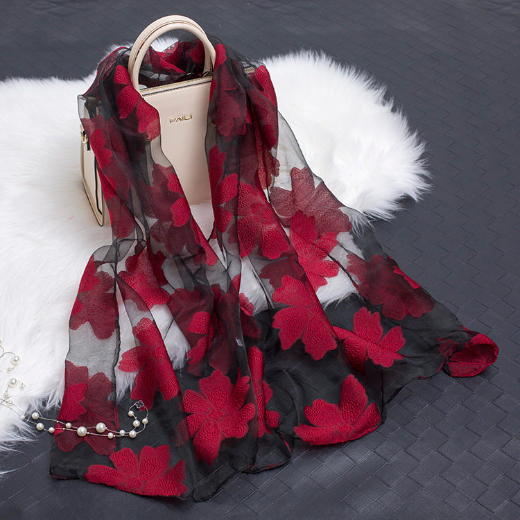 Silk Scarf with Cut Flower Pattern and Blank Motif