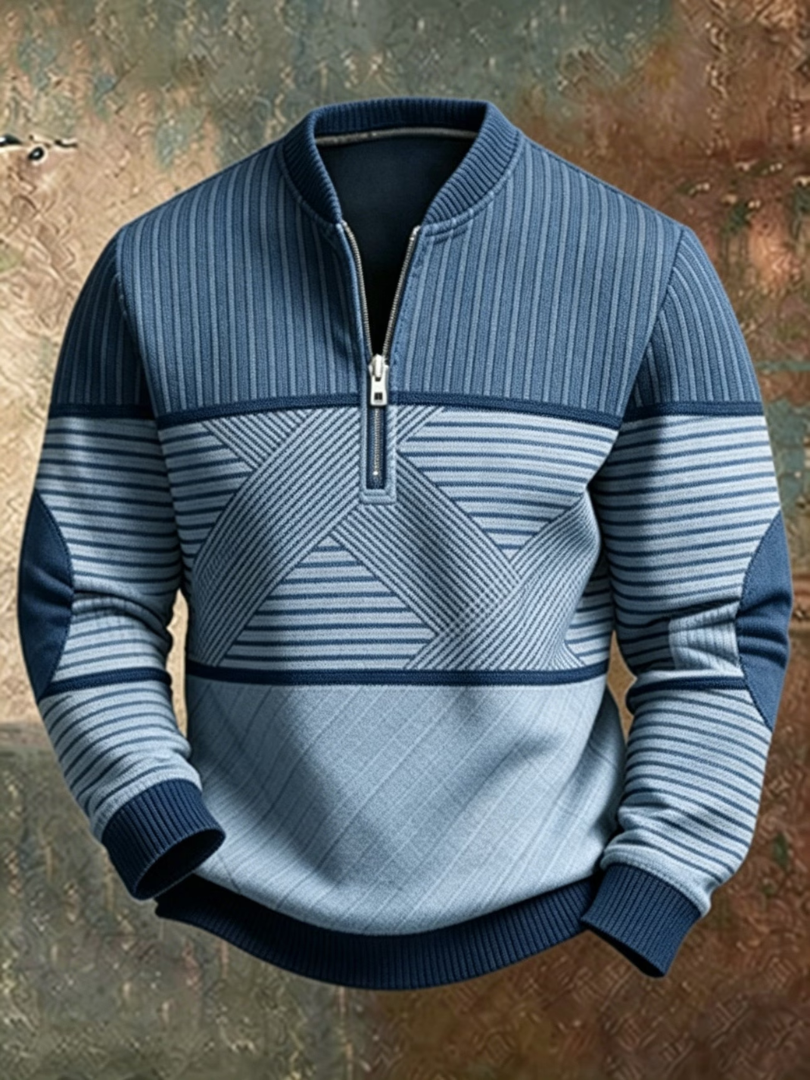 Men's Striped Jumper with Half Zip and Long Sleeves with Ribbed Cuffs
