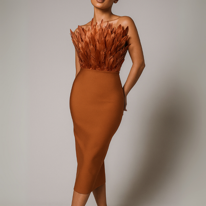 Women’s Strapless Midi Dress with Feather Trim