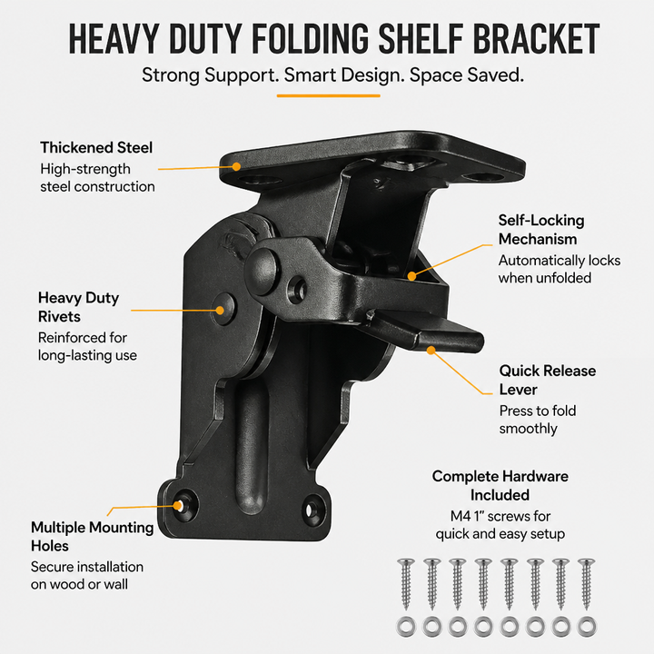 Heavy-Duty Folding Bracket, 500 lb Capacity, Self-Locking Steel, Space-Saving