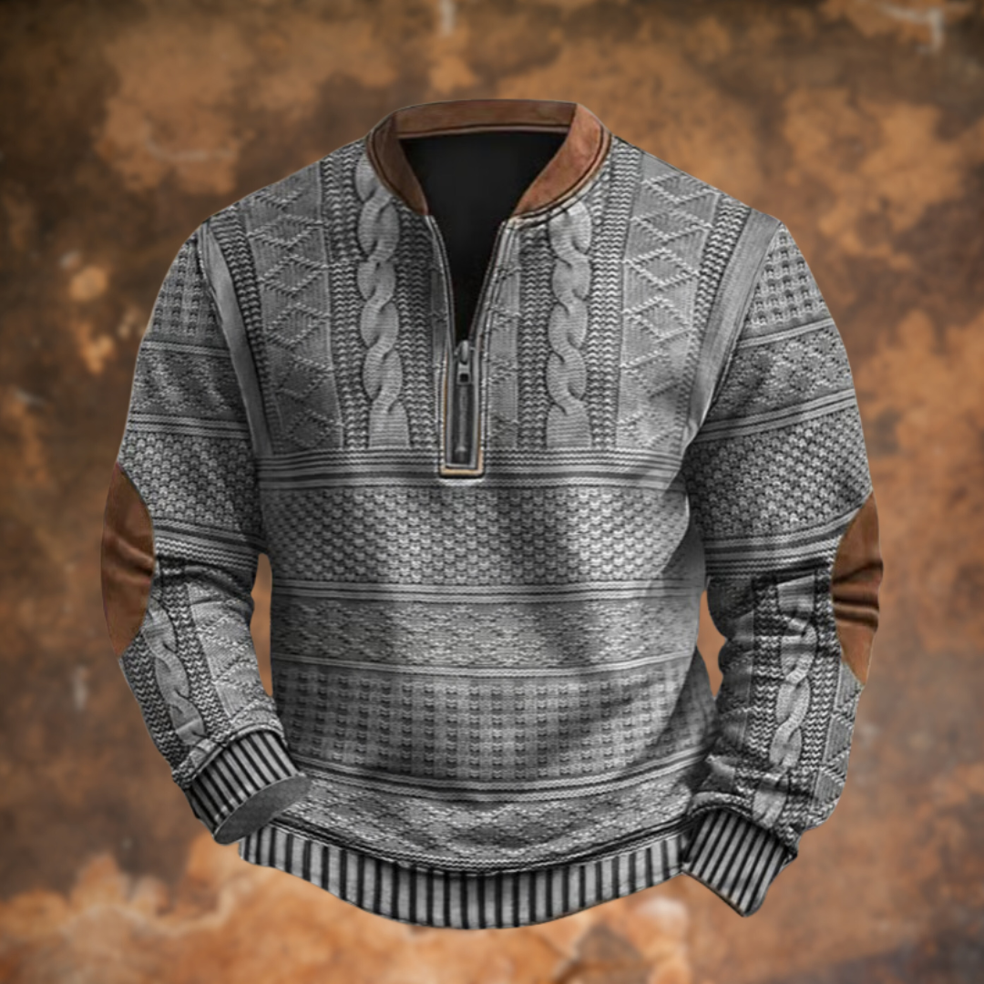 Men's Knitted Jumper with Half Zip and Elbow Patches
