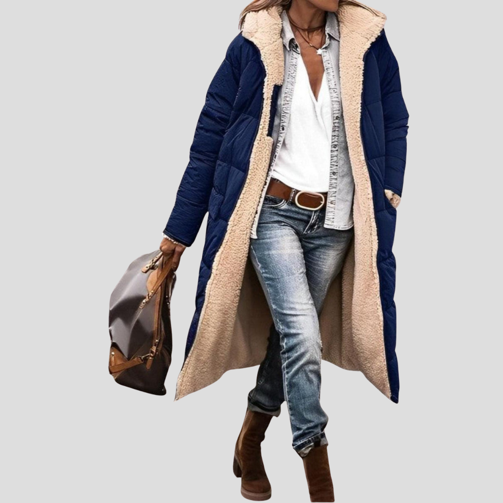 Women’s Long Reversible Winter Coat – Hooded with Teddy Lining