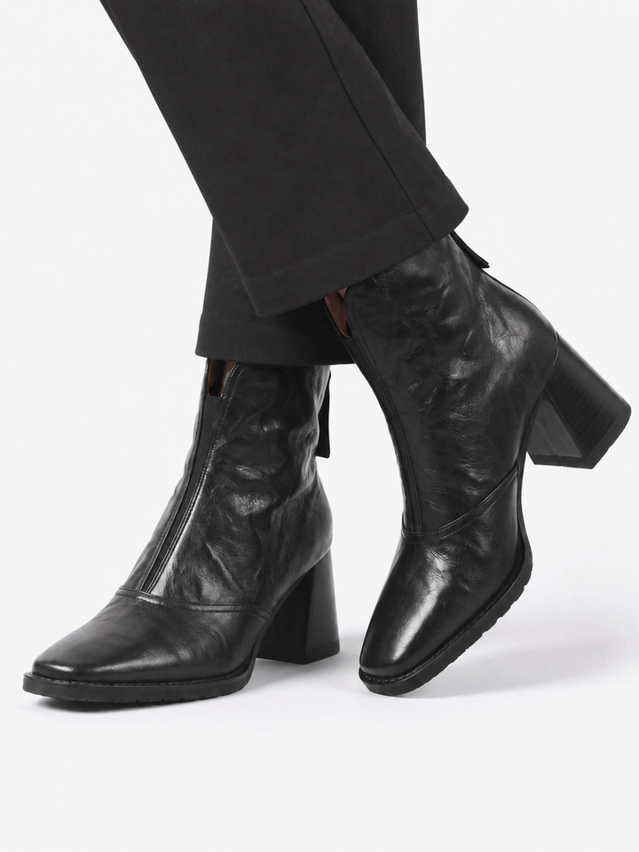 Women's Zip-Up Leather Ankle Boots with Block Heel