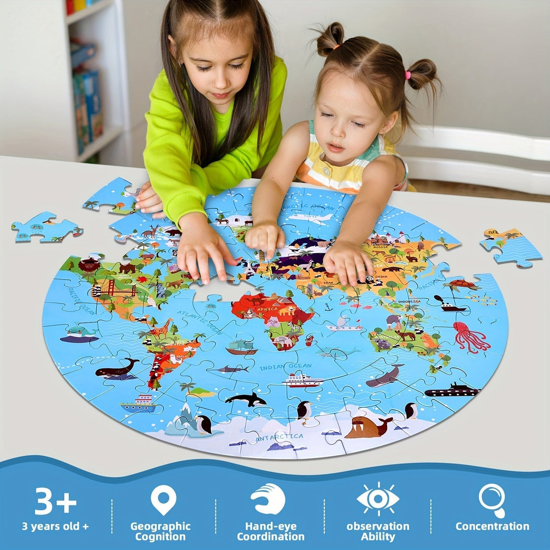 70-Piece Floor Puzzle – Round World Map Design for Children