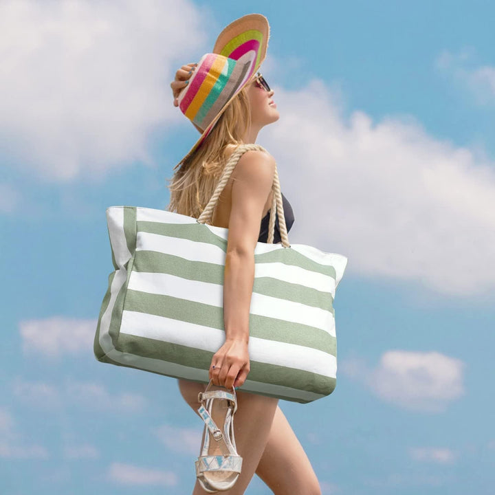 Large-Capacity Striped Beach Bag – Durable Polyester with Zip