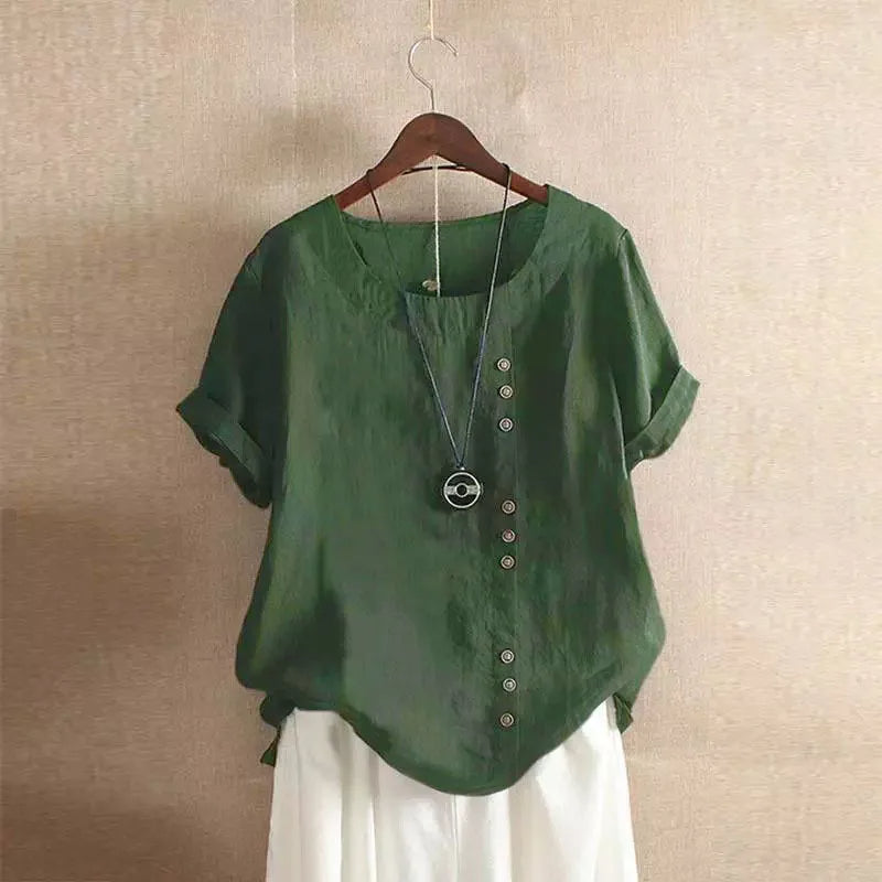 Elegant Cotton Women's Blouse with Short Sleeves and Button Details
