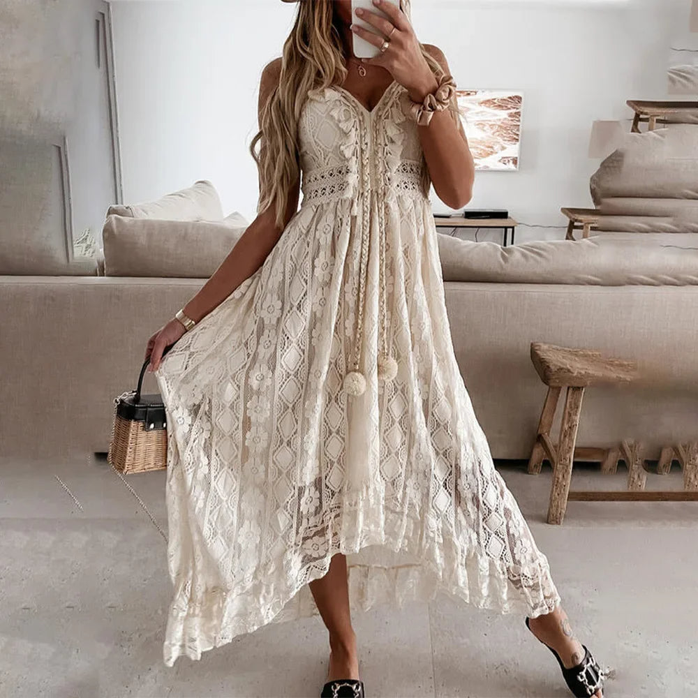 Boho Lace Tie Dress with Tassels