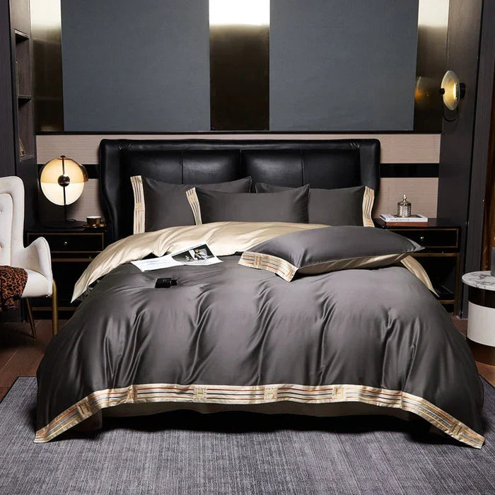 Embroidered Cotton Satin Bedding Set - Luxora