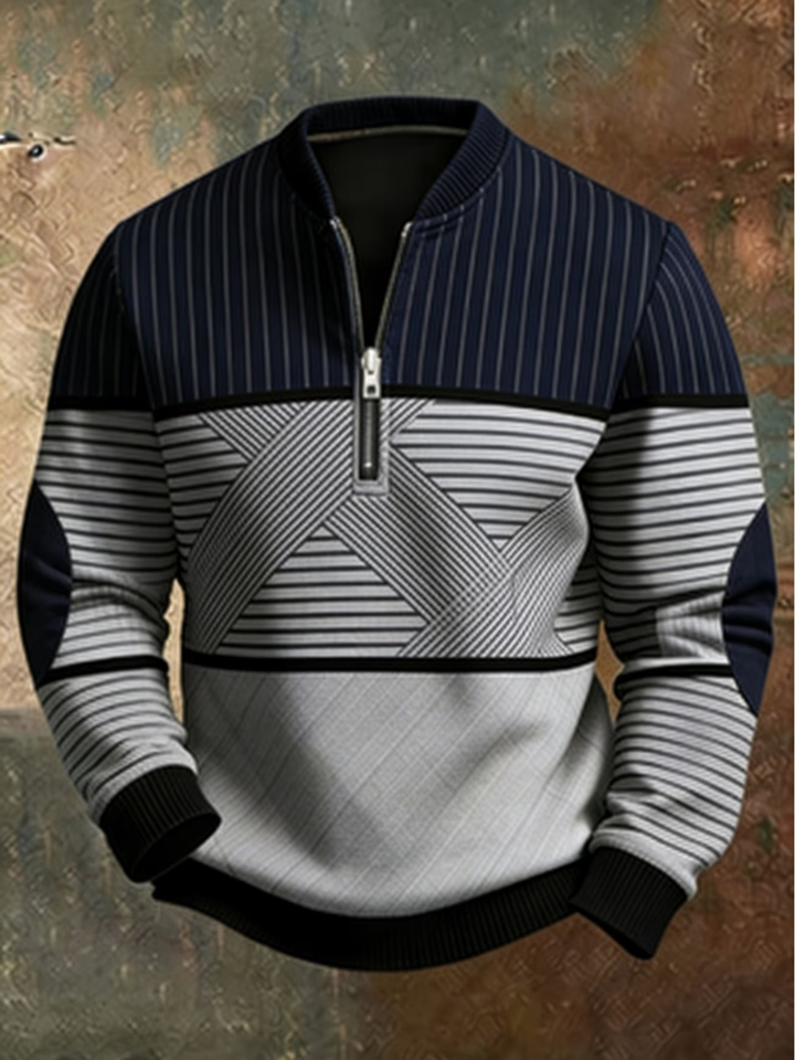 Men's Striped Jumper with Half Zip and Long Sleeves with Ribbed Cuffs