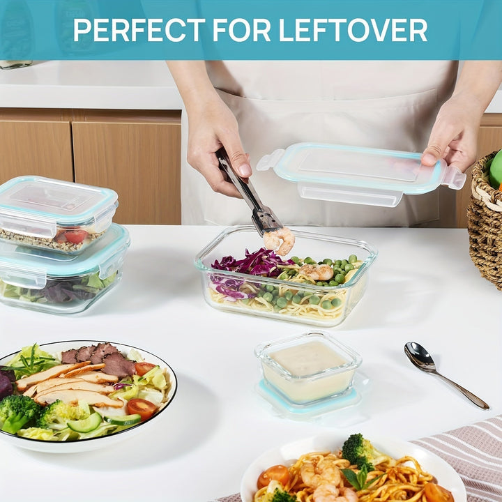 Set aus 8 Glasbehältern für Lebensmittel – Bento-Boxen zur Essensvorbereitung, luftdicht, mit auslaufsicheren Deckeln, geeignet für Mikrowelle, Backofen, Gefrierschrank und Spülmaschine, BPA-frei