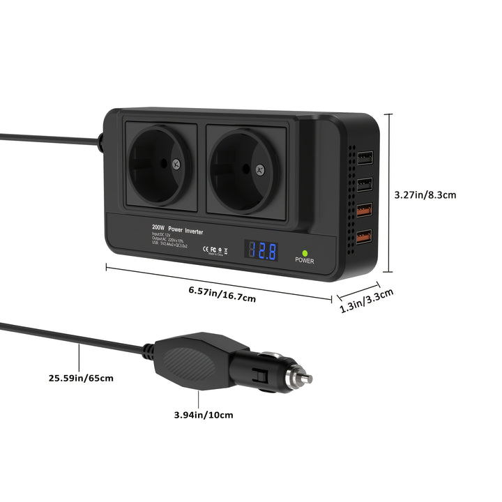 Compact Car Inverter 200W – Double Sockets & Four USB Ports
