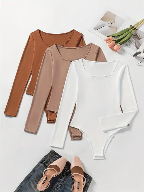 3-Pack Casual Long Sleeve Bodysuits for Women