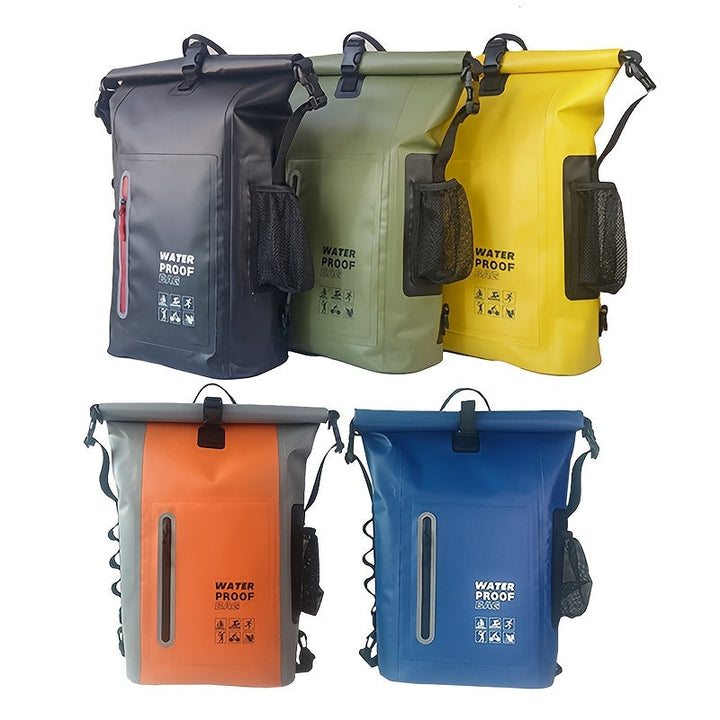 Waterproof 25L Backpack with Roll-Top Closure, Multiple Pockets, Sturdy Buckle Closure and Side Mesh Pocket