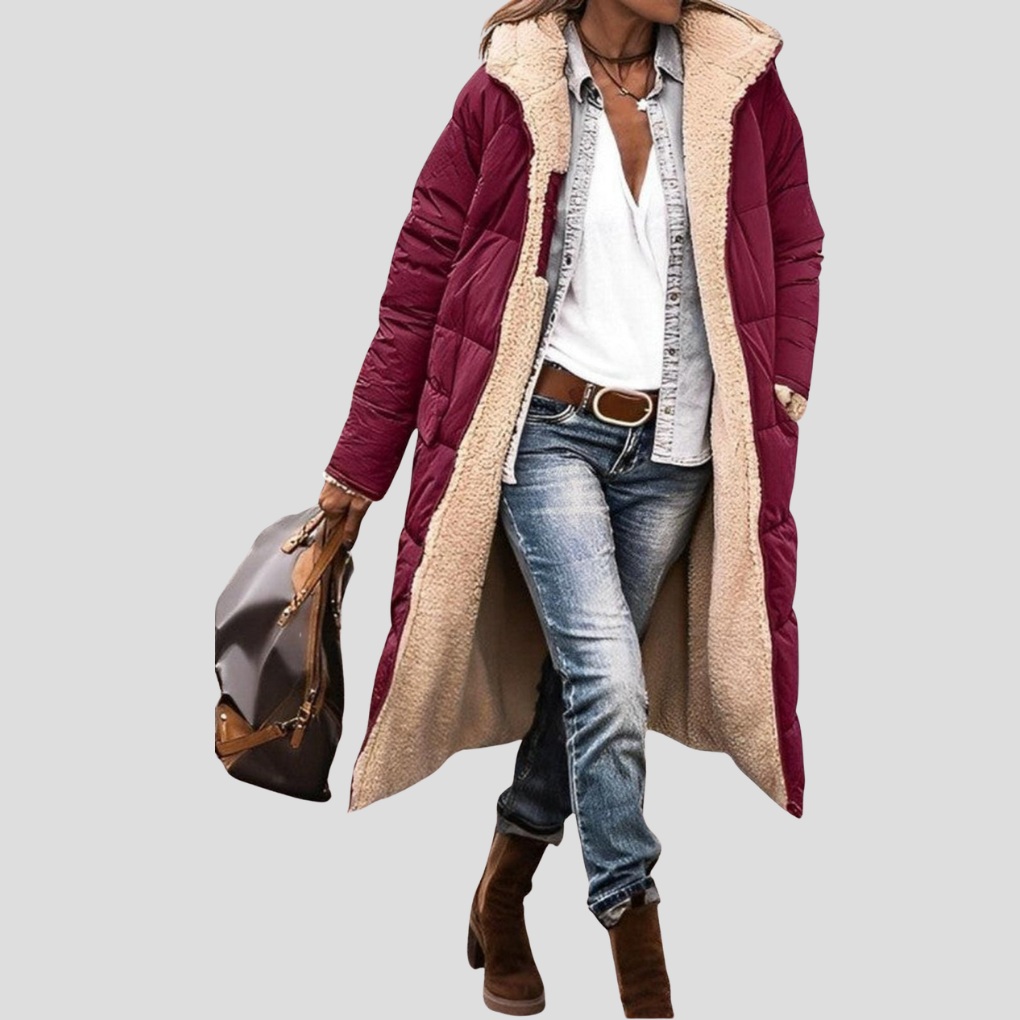 Women’s Long Reversible Winter Coat – Hooded with Teddy Lining