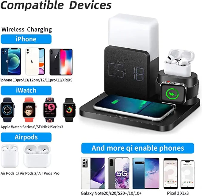 Multi-Function Wireless Charging Station – Includes Lamp and Alarm Clock