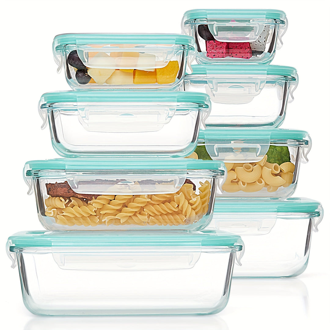 Set aus 8 Glasbehältern für Lebensmittel – Bento-Boxen zur Essensvorbereitung, luftdicht, mit auslaufsicheren Deckeln, geeignet für Mikrowelle, Backofen, Gefrierschrank und Spülmaschine, BPA-frei