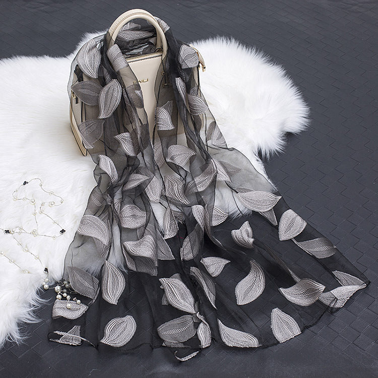 Silk Scarf with Cut Flower Pattern and Blank Motif