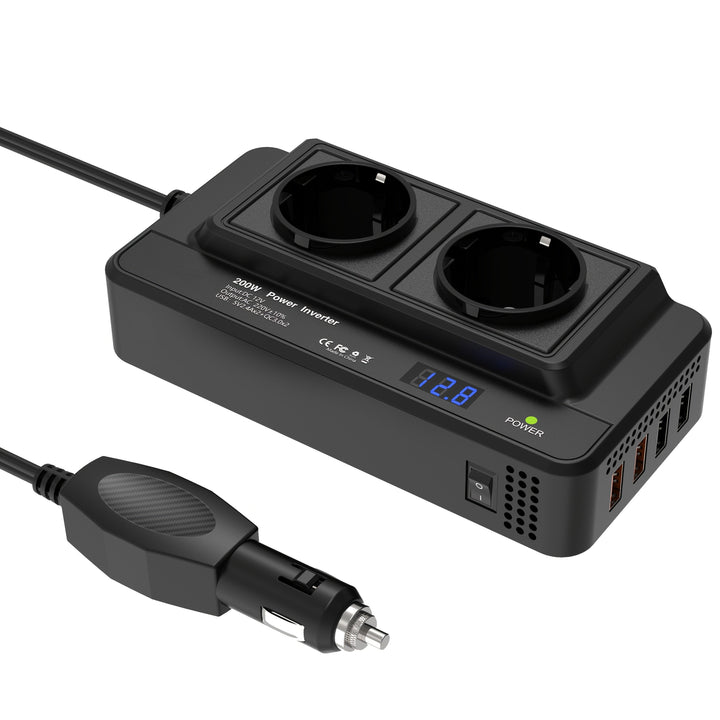 Compact Car Inverter 200W – Double Sockets & Four USB Ports