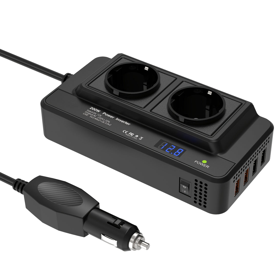 Compact Car Inverter 200W – Double Sockets & Four USB Ports
