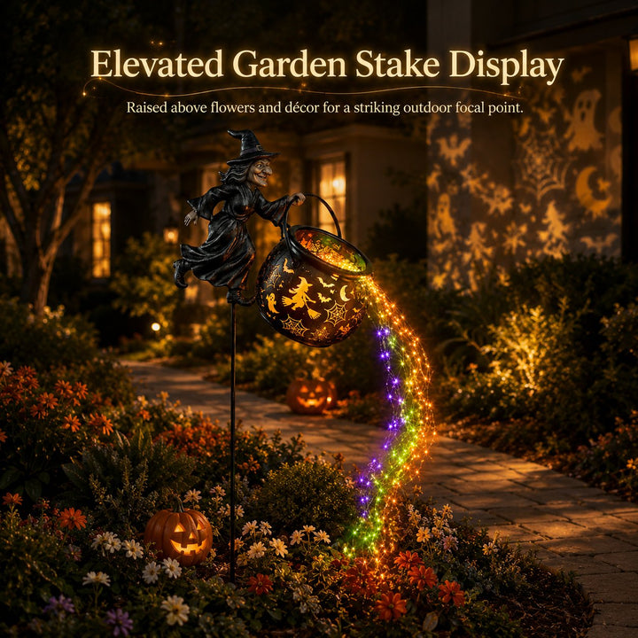 Halloween Witch's Cauldron Garden Lamp with Colourful Glow and Spooky Projections