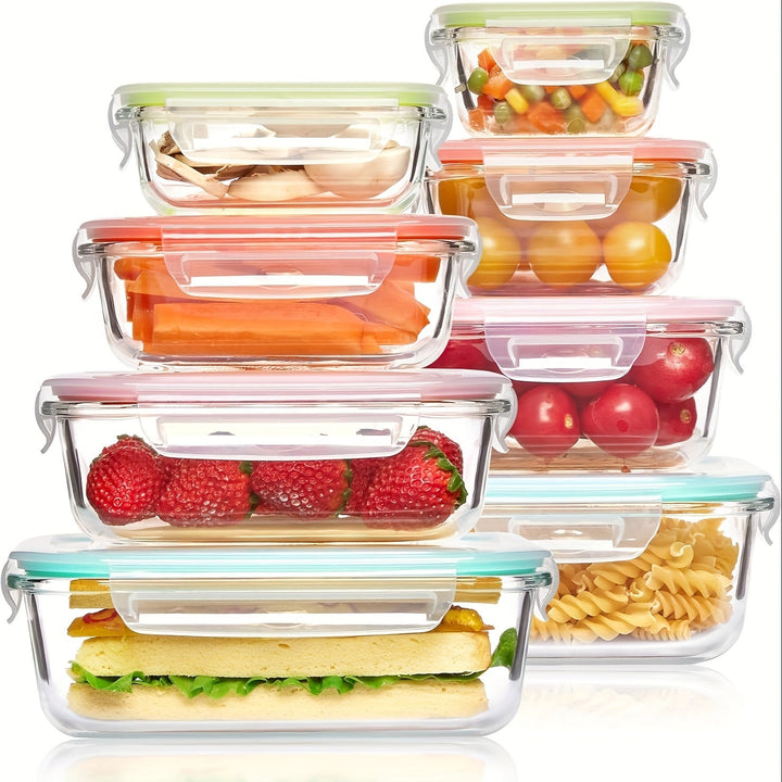 Set aus 8 Glasbehältern für Lebensmittel – Bento-Boxen zur Essensvorbereitung, luftdicht, mit auslaufsicheren Deckeln, geeignet für Mikrowelle, Backofen, Gefrierschrank und Spülmaschine, BPA-frei