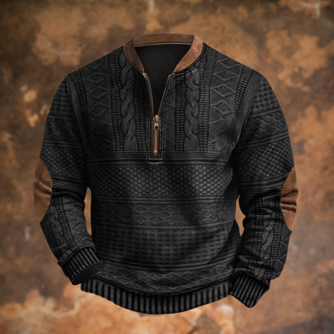 Men's Knitted Jumper with Half Zip and Elbow Patches