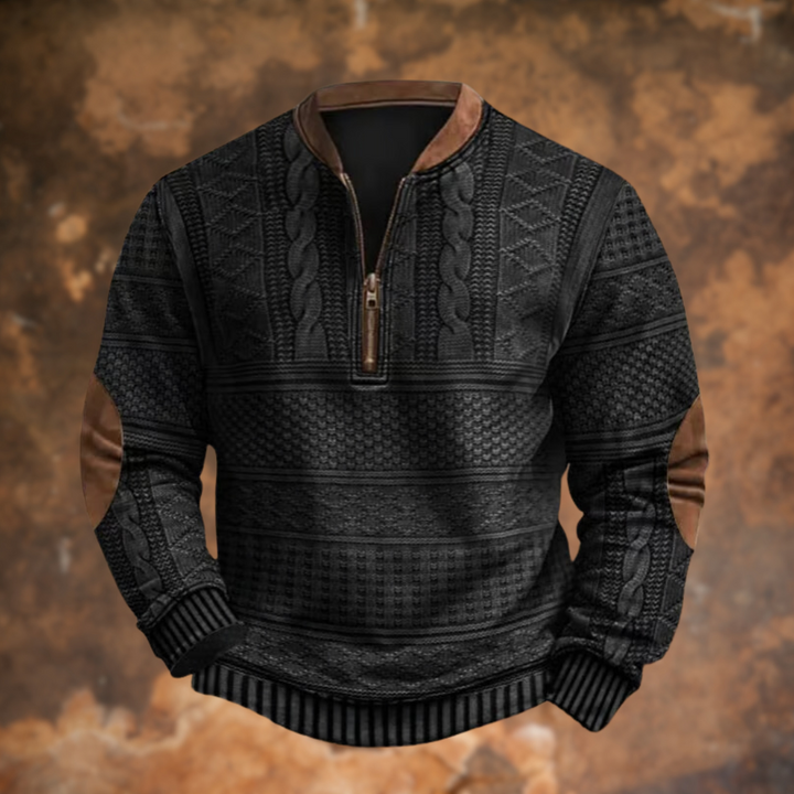 Men's Knitted Jumper with Half Zip and Elbow Patches