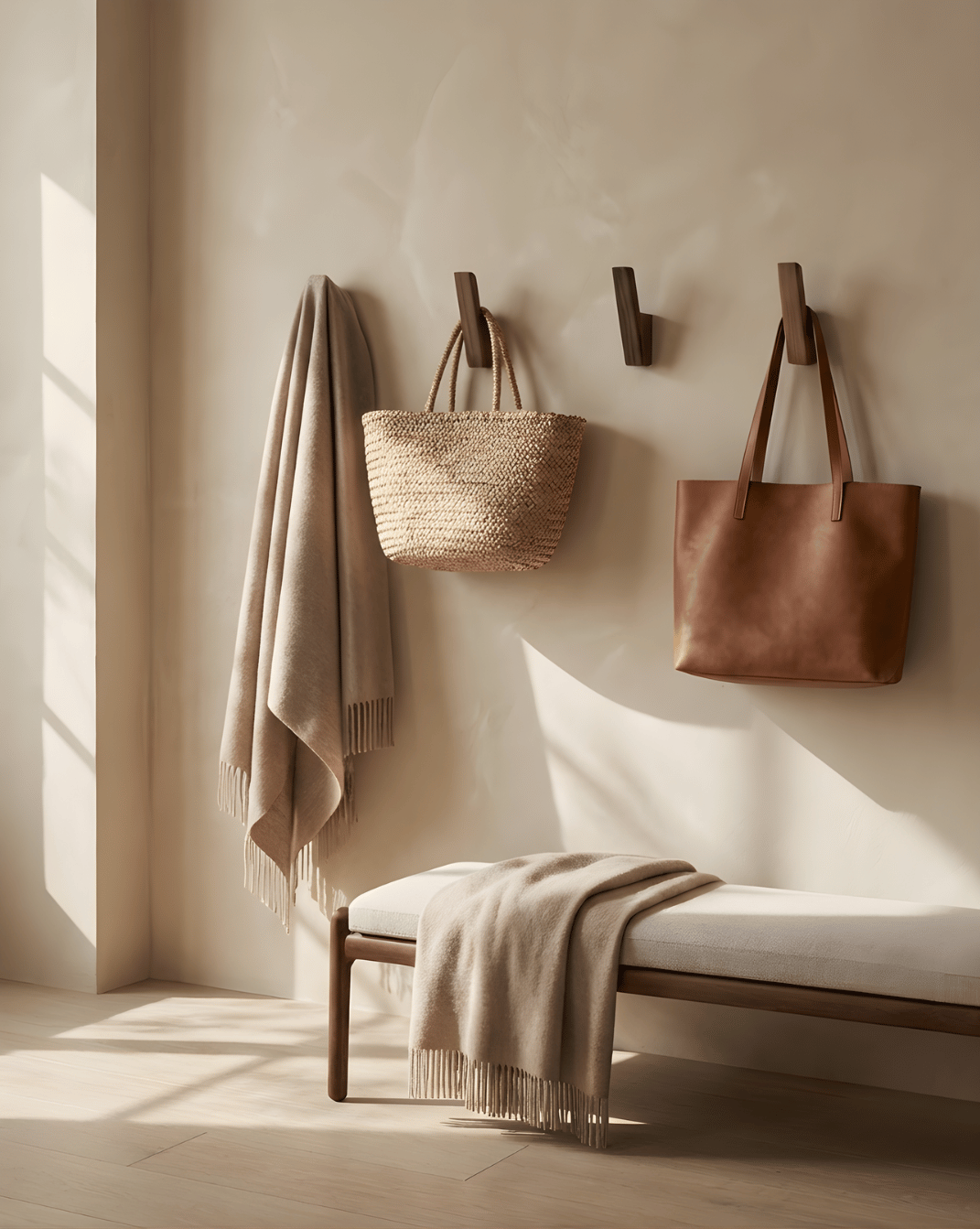 Wooden coat hooks, set of 4 – minimalist wall hooks for hallway and bathroom