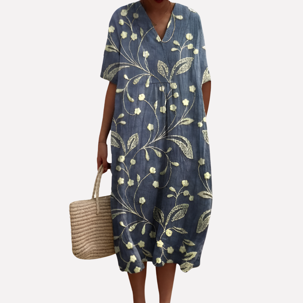 Women’s Floral Summer Dress – V-Neck &amp; Short Sleeves