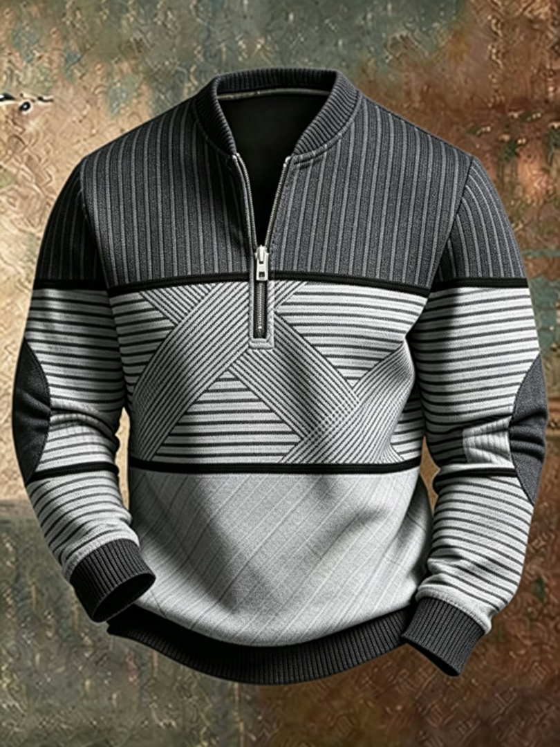 Men's Striped Jumper with Half Zip and Long Sleeves with Ribbed Cuffs