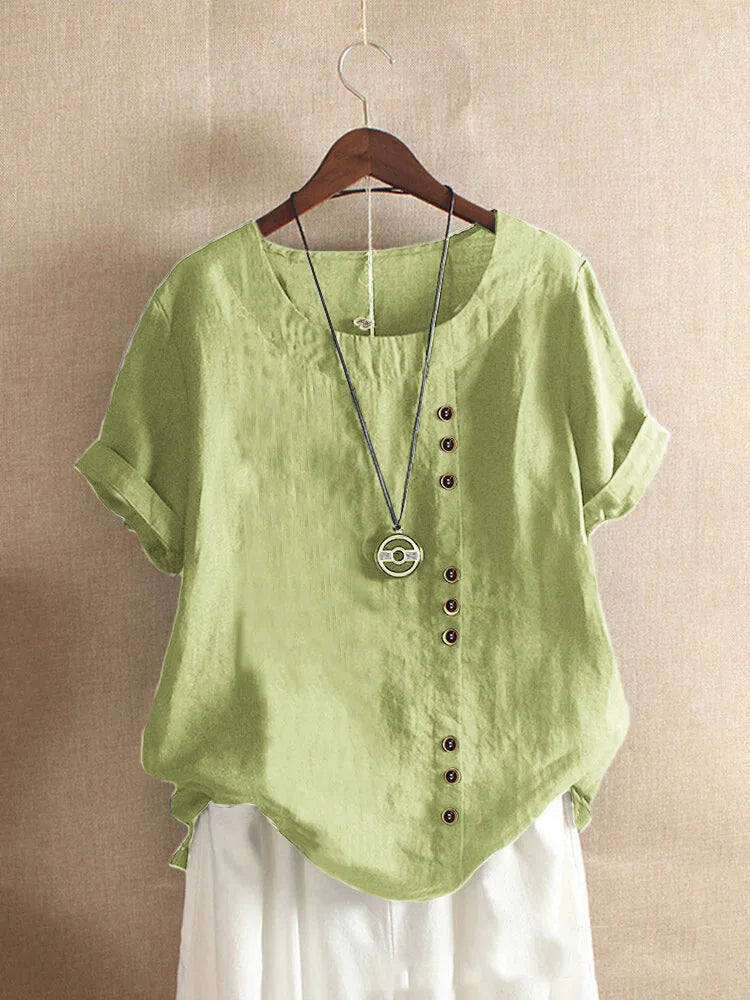 Elegant Cotton Women's Blouse with Short Sleeves and Button Details