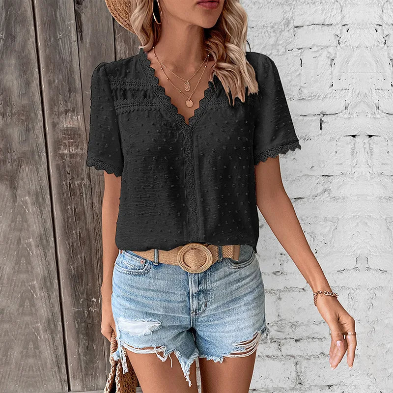 Lace Women's Blouse with Short Sleeves for an Elegant Look – Wendy