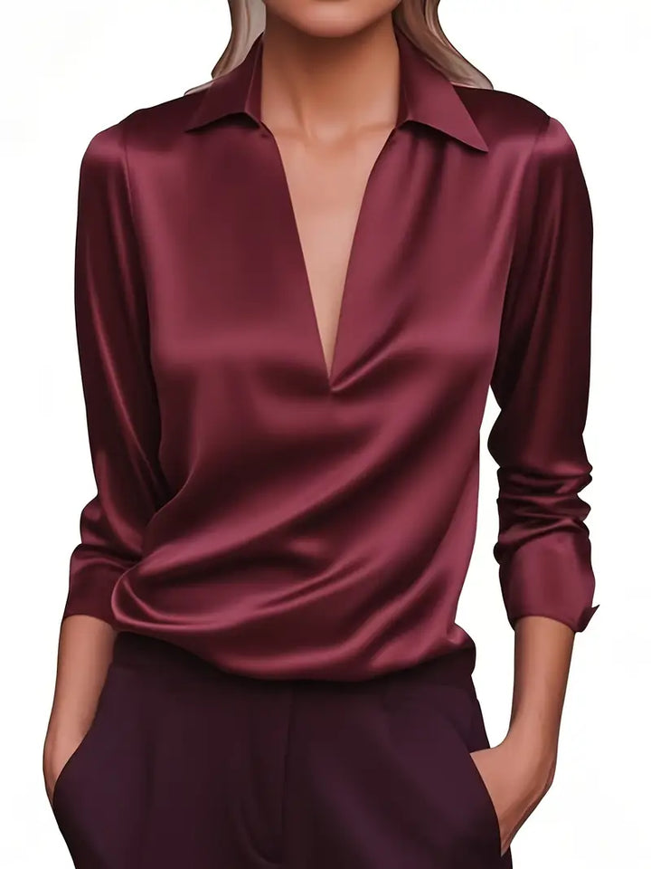 Women's satin blouse with V-neck and draped collar