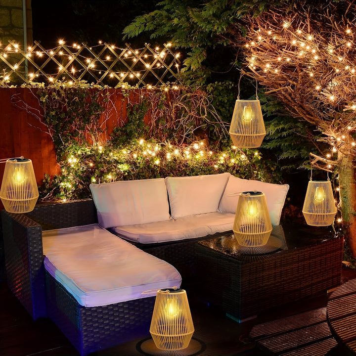 Boho Solar Hanging Lantern Set – Sustainable Rattan Lanterns for Garden and Balcony
