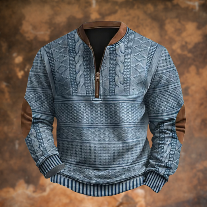 Men's Knitted Jumper with Half Zip and Elbow Patches
