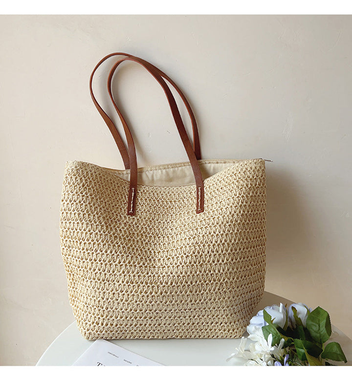 Woven Basket Bag with Leather Handles – SummerBreeze Bag