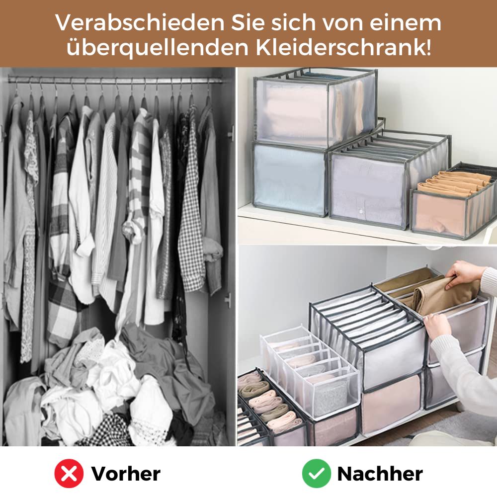 Wardrobe organiser bags for folded, crease-free clothes in drawers and wardrobes