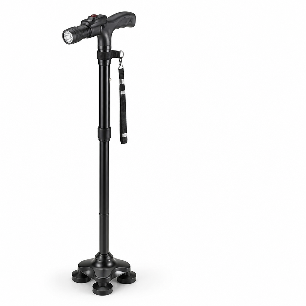 Lightweight Folding Aluminium Walking Stick with 4-Point Base, LED Light and Alarm
