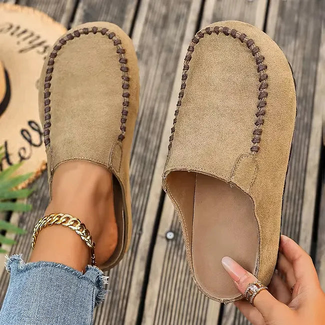 Slip-On Leather Sandals with Orthopaedic, Soft Suede-Look Upper and Flat Sole