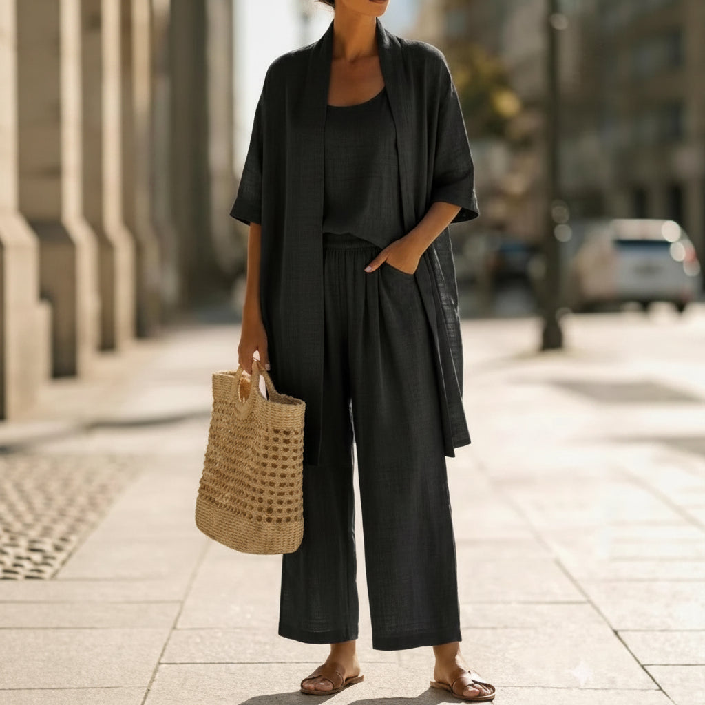Three-piece Suit Women's Mid-length Cardigan Tank Top And Straight-leg With Pockets Fashion Trousers Set